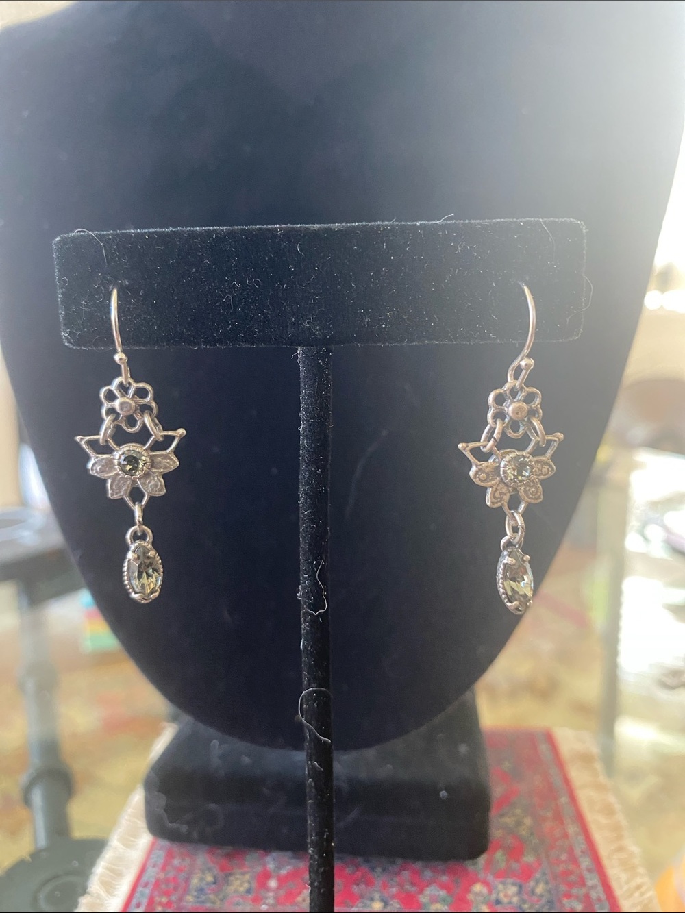 Delicate Floral Drop Earrings with Olive Green Stones